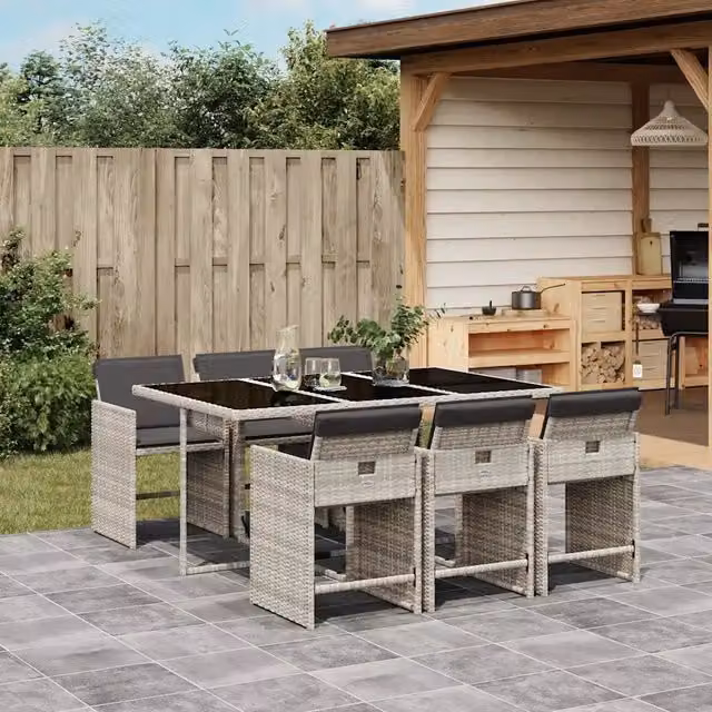 Set da Pranzo da Giardino 7 pz Cuscini Polyrattan Grigio Chiaro 3211091