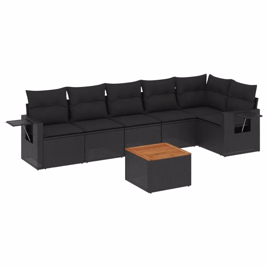 vidaXL Set Divani da Giardino a L con Cuscini 7pz Nero Polyrattan e Legno di Acacia – 2