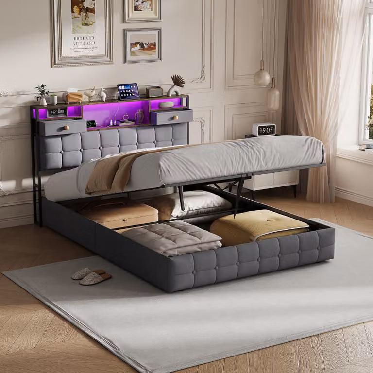Letto imbottito REMZETTA, 160 x 200 cm, con contenitore, sistema di sollevamento idraulico, 2 cassetti nella testata e illuminazione LED, colore grigio, per adulti