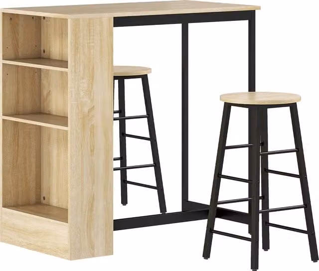 Set tavolo alto HOMCOM con 2 sgabelli, poggiapiedi e 3 scomparti, rovere marrone – 1