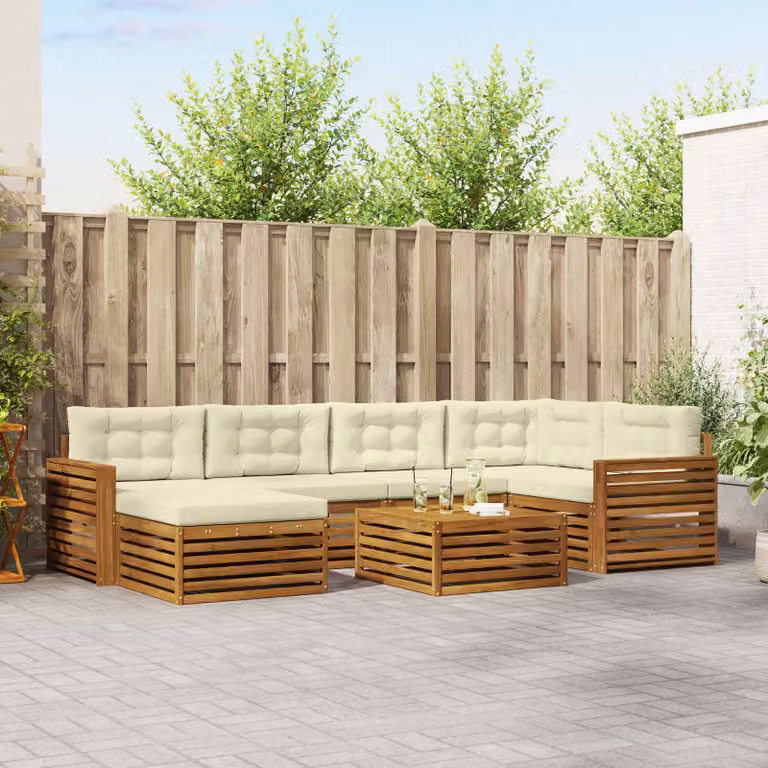 vidaXL Set di divani da esterno a L in legno di acacia con cuscini, beige, bianco e marrone