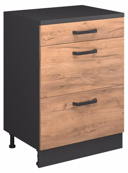 Mobile cucina sottotetto Vicco R-Line Rovere dorato 60 cm senza inclinazione con 3 cassetti, Model 61700