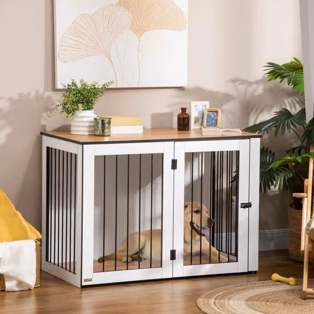 Scaffale per cani OKWISH in legno e acciaio con porte bloccabili, colore rovere, L: 106 cm, P: 60 cm, H: 76 cm – 1