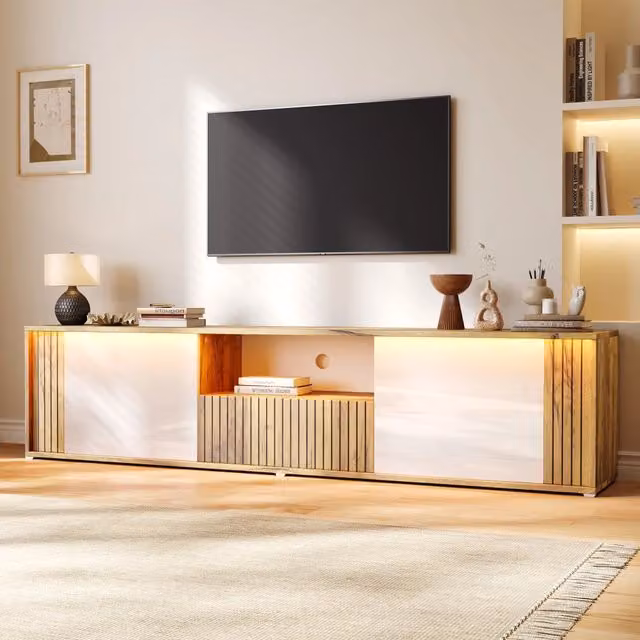Mobile TV LED con 2 ante, cassetto e vano aperto per soggiorno, in MDF e truciolare bianco naturale, 180 × 40 × 51 cm