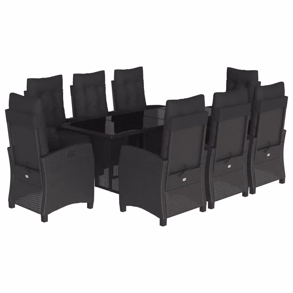 Set da pranzo da giardino vidaXL in polyrattan nero con cuscini e tavolo in vetro, 9 pezzi – 2