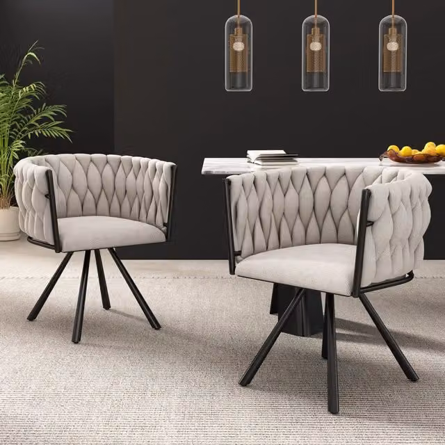 Set di 2 sedie da pranzo girevoli a 360 gradi MIVRAY in lino nero con schienale curvo e gambe in metallo nero opaco – 1