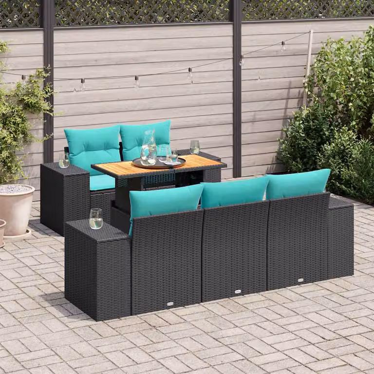 Set Divano da Giardino vidaXL 6 pz a Forma a L con Cuscini in Polyrattan e Tavolino, Nero