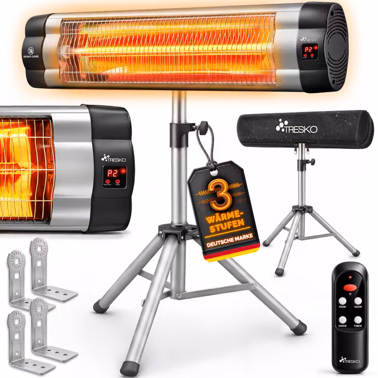 TRESKO riscaldatore radiante a infrarossi 2500W con telecomando e copertura | riscaldatore radiante elettrico con 3 livelli di riscaldamento | riscaldatore da patio per interni ed esterni | riscaldatore a infrarossi regolabile in altezza