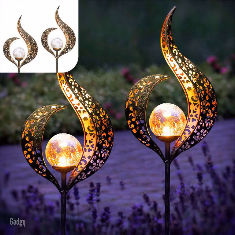 Gadgy Gadgy Lampada solare a fiamma con picchetto di terra - Set di 2 luci solari da giardino - Illuminazione solare da giardino - Illuminazione a led per esterni con sensore - Lanterna da giardino - Torcia da giardino - Paletto da giardino - Metallo bron