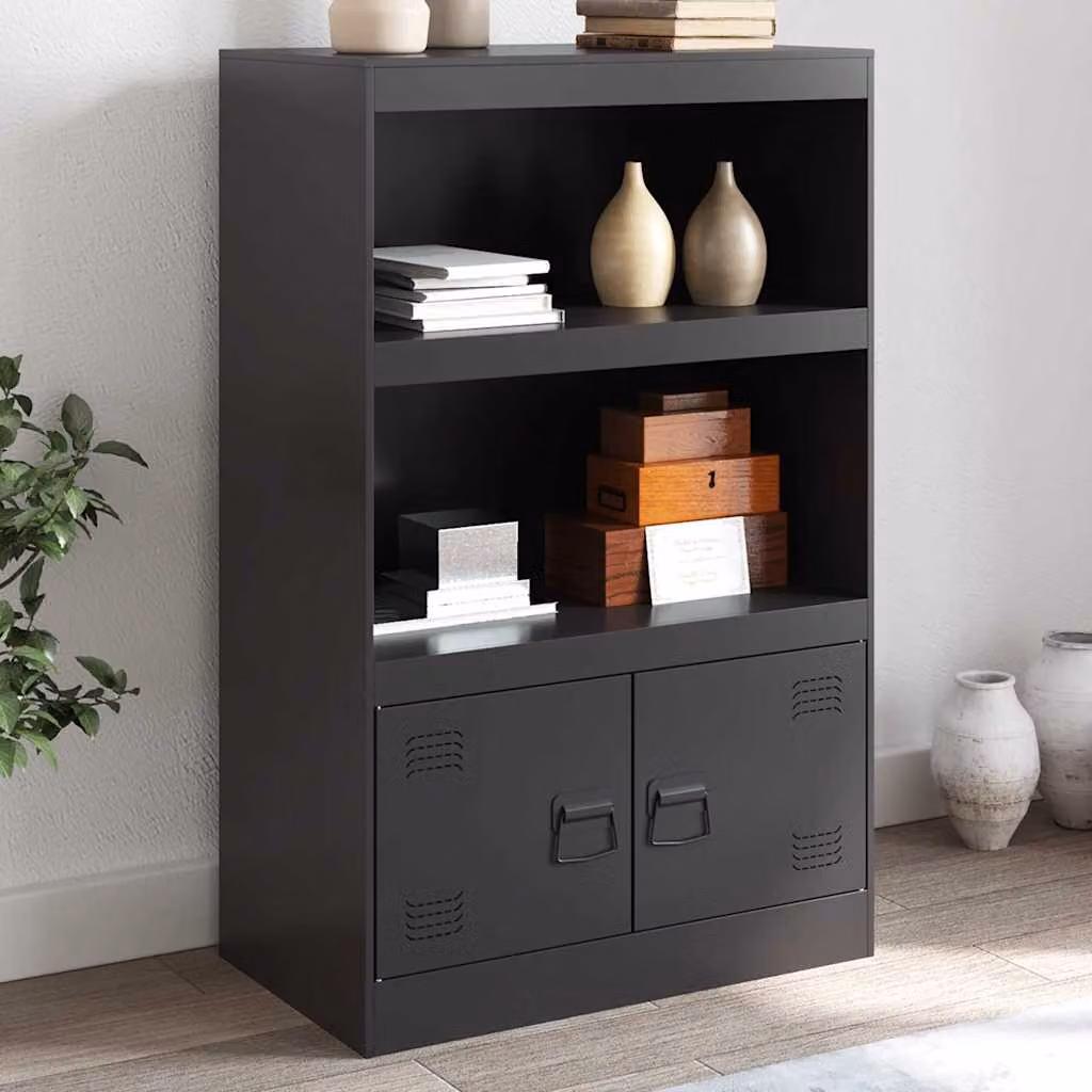 Credenza moderna vidaXL in metallo nero opaco con ante a battente e ripiani interni, L: 67 cm, P: 39 cm, H: 107 cm