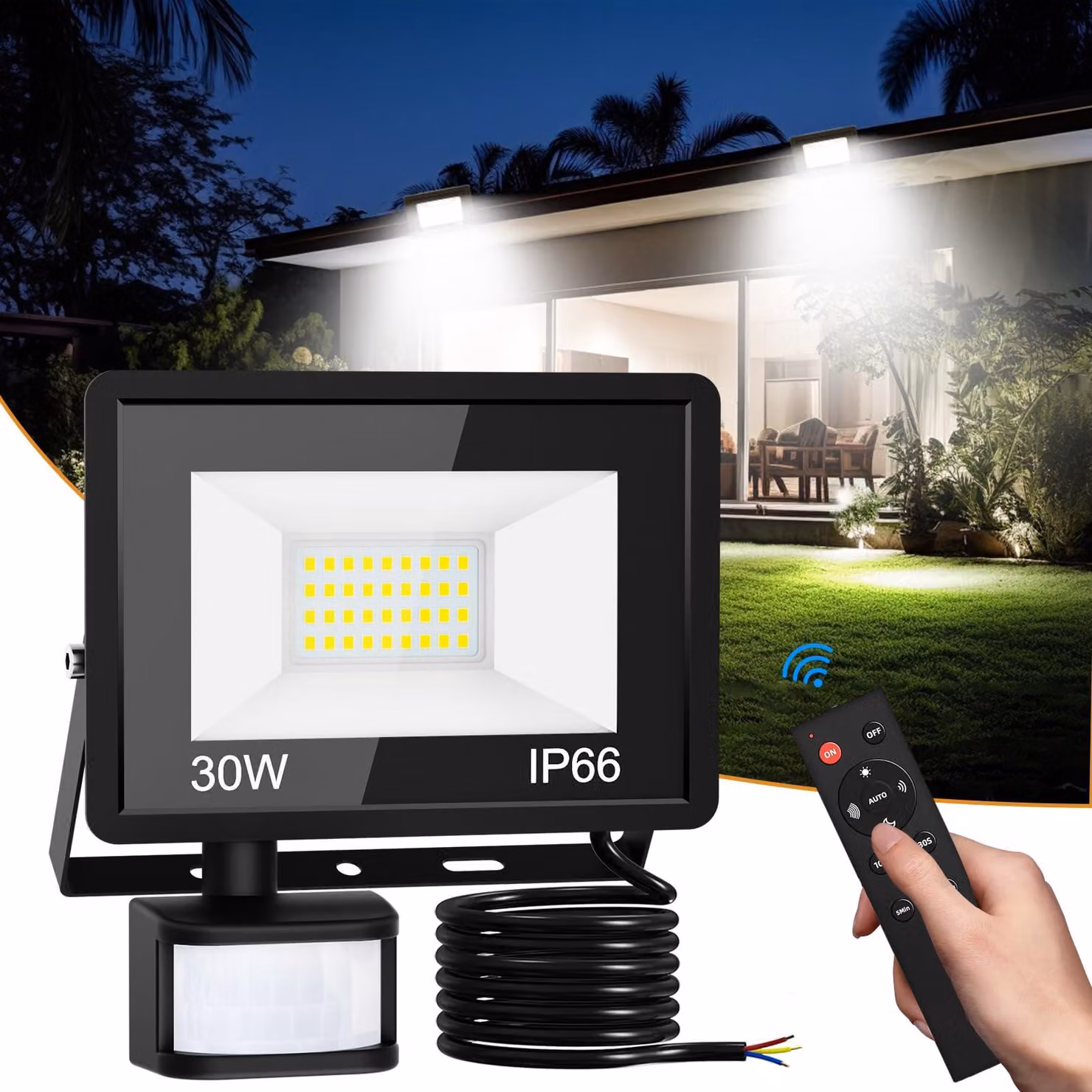Fareto a LED con sensore di movimento per esterni, 30 W, grado di protezione IP66 (resistente all'acqua)