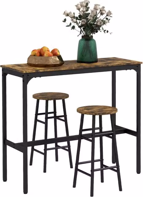 Set Tavolo Alto Bar Xylo con 2 Sgabelli, Struttura in Acciaio Nero e Piano Effetto Legno Mogano – 1