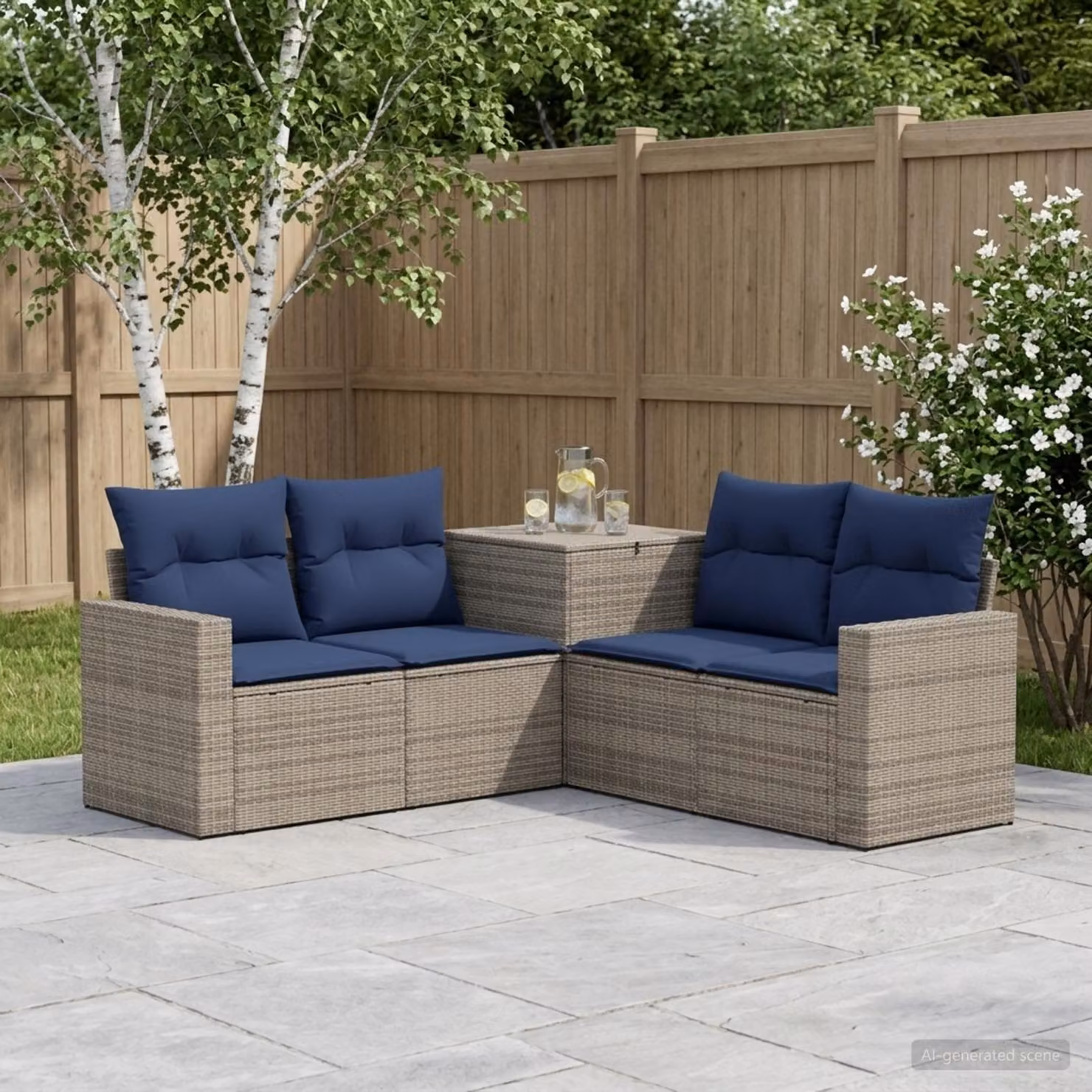 Set di divani da giardino a forma di L vidaXL in rattan e acciaio con cuscini inclusi, Grigio e Blu Navy