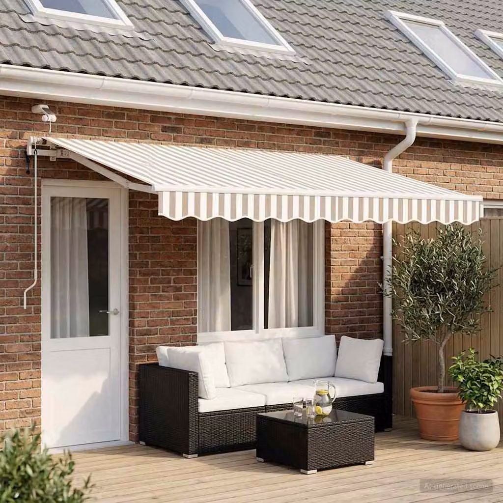 Tenda retrattile vidaXL con bracci pieghevoli e telecomando, Grigio chiaro e bianco, L: 400 cm x P: 300 cm, Poliestere