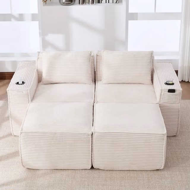 Divano modulare 2 posti WISHDOR in velluto a coste beige con pouf e porta bicchieri L: 188 cm, P: 75 cm, H: 76 cm