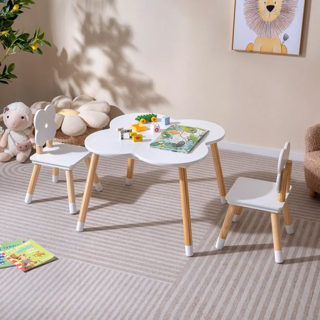 Set tavolo e 2 sedie per bambini a forma di fiore in legno di pino solido bianco, ideale per la cameretta o il soggiorno, adatto per bambini dai 3 ai 6 anni – 2