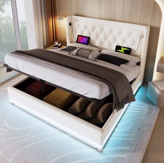 Letto matrimoniale 180x200 cm con contenitore; LED e USB-C; rivestimento in PU bianco