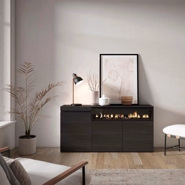 Credenza, Mobile, 150x35x75cm, 3 Porte, Camino elettrico, Nero RF2514