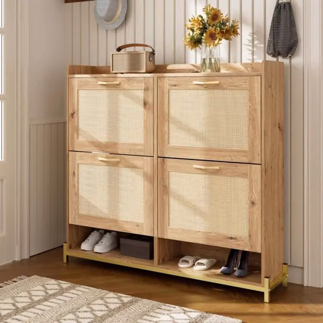 Scarpiera con finitura in legno, scarpiera in vimini, design a 4 ante, struttura in metallo, ripiano superiore