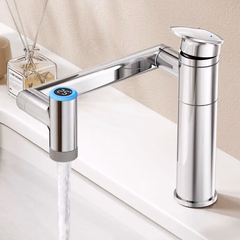 Miscelatore per lavabo, girevole a 1080°, regolabile in altezza, con indicatore di temperatura, monoblocco, finitura cromata
