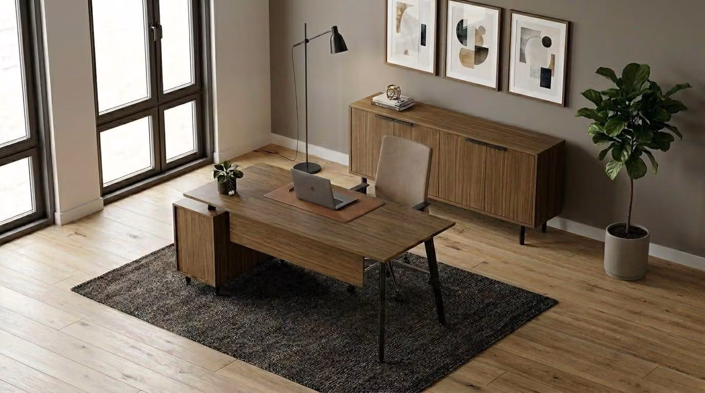 Set di mobili da ufficio: scrivania, mobile contenitore, credenza, cassettiera. Design moderno, colore marrone