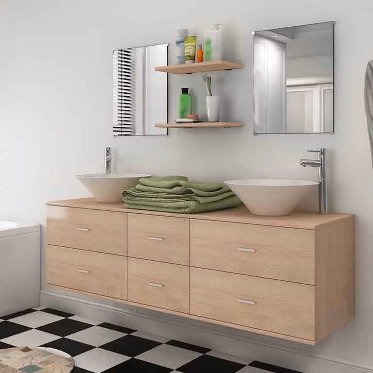 vidaXL Set Mobili da Bagno Moderno 9 Pezzi in Legno e Metallo Beige, Bianco e Argento con Mobile Lavabo e Armadietto Specchio