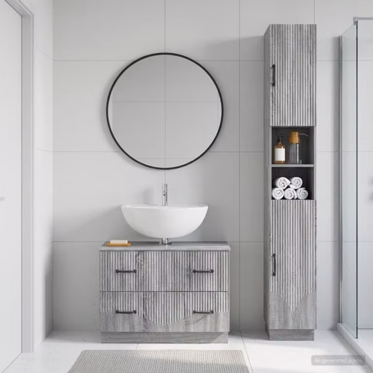 Set di mobili da bagno vidaXL HOORN composto da 2 pezzi in stile moderno, colore grigio Sonoma, con colonna alta e mobile lavabo, L/P/H: 190 x 31 x 30 cm e 47,86 x 31 x 30 cm