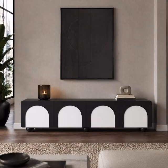 Mobile TV basso nero e bianco con 2 cassetti e 2 ante, 180 cm