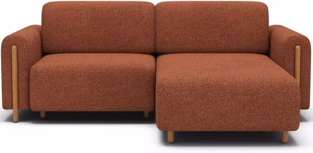 Divano ad angolo trasformabile ARVESSA MEUBLORAMA color arancione terracotta in tessuto bouclé con angolo destro e struttura in legno di quercia L/P/H: 244 x 154 x 95 cm
