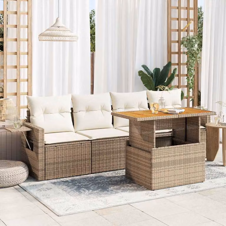 Set Divano da Giardino vidaXL 5 pz in Polyrattan con Cuscini Beige e Bianco