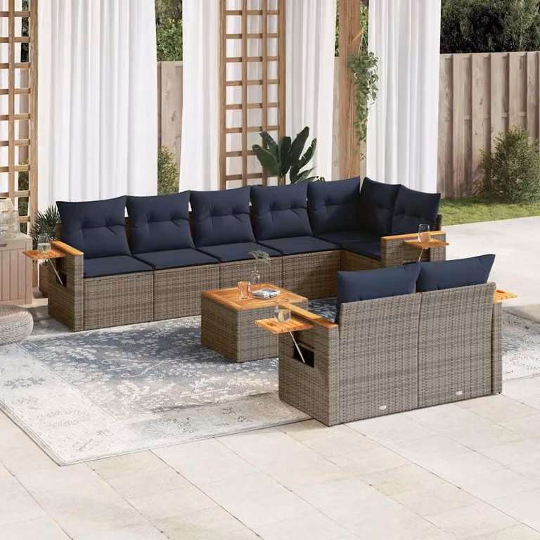 Set di divani da giardino vidaXL a forma di L composto da 9 pezzi con cuscini in polyrattan e tessuto resistente ai raggi UV, colore grigio e blu