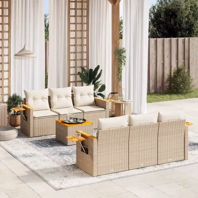 Set Divani da Giardino 7 pz con Cuscini Beige in Polyrattan 3259034