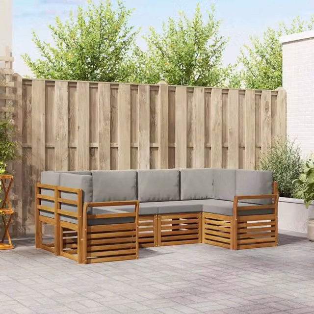 Set di divani da esterno a L vidaXL in legno di acacia con cuscini grigi – 1