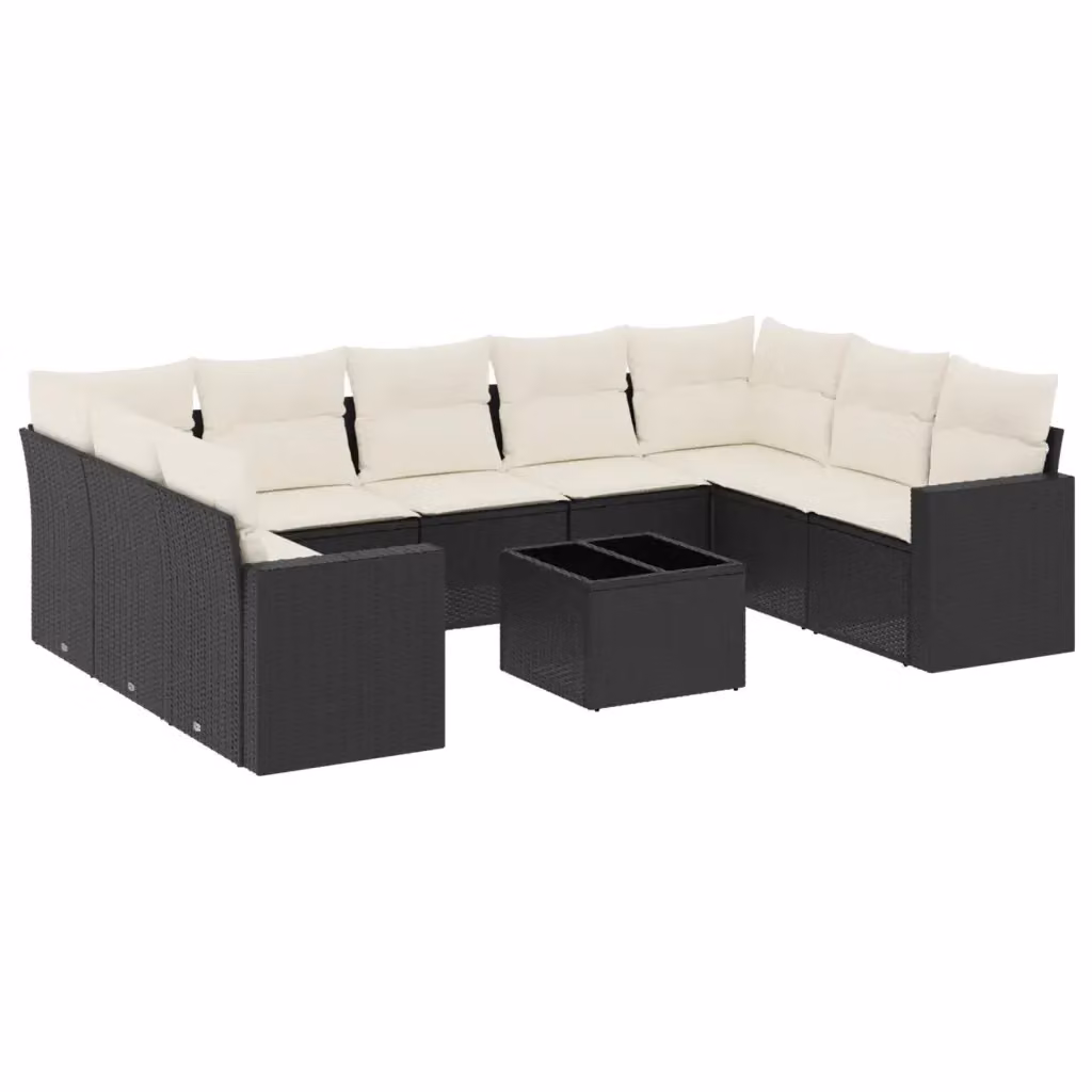 Set di Divani da Giardino a Forma di U vidaXL con Tavolino da Esterno e Cuscini, Polyrattan e Metallo, Nero e Bianco – 2