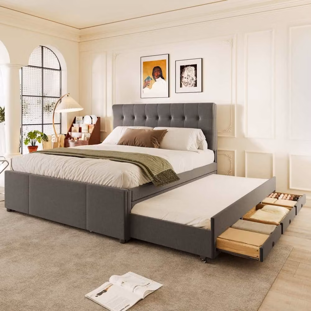 Letto imbottito AIORBER, 140x200cm, con letto estraibile per ospiti, 3 cassetti, testata regolabile in altezza, struttura in legno, ideale come letto familiare o matrimoniale, beige