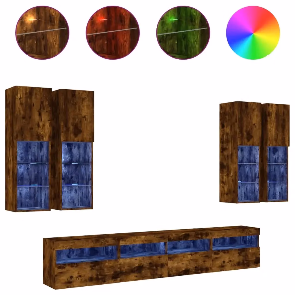 Set di mobili TV a muro moderno vidaXL composto da 7 pezzi con luci LED in finitura rovere fumo e marrone opaco – 2