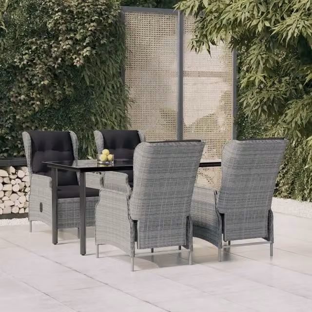 Set da Pranzo da Giardino 5 Pezzi vidaXL in Polyrattan Grigio e Nero con Piano in Vetro – 1