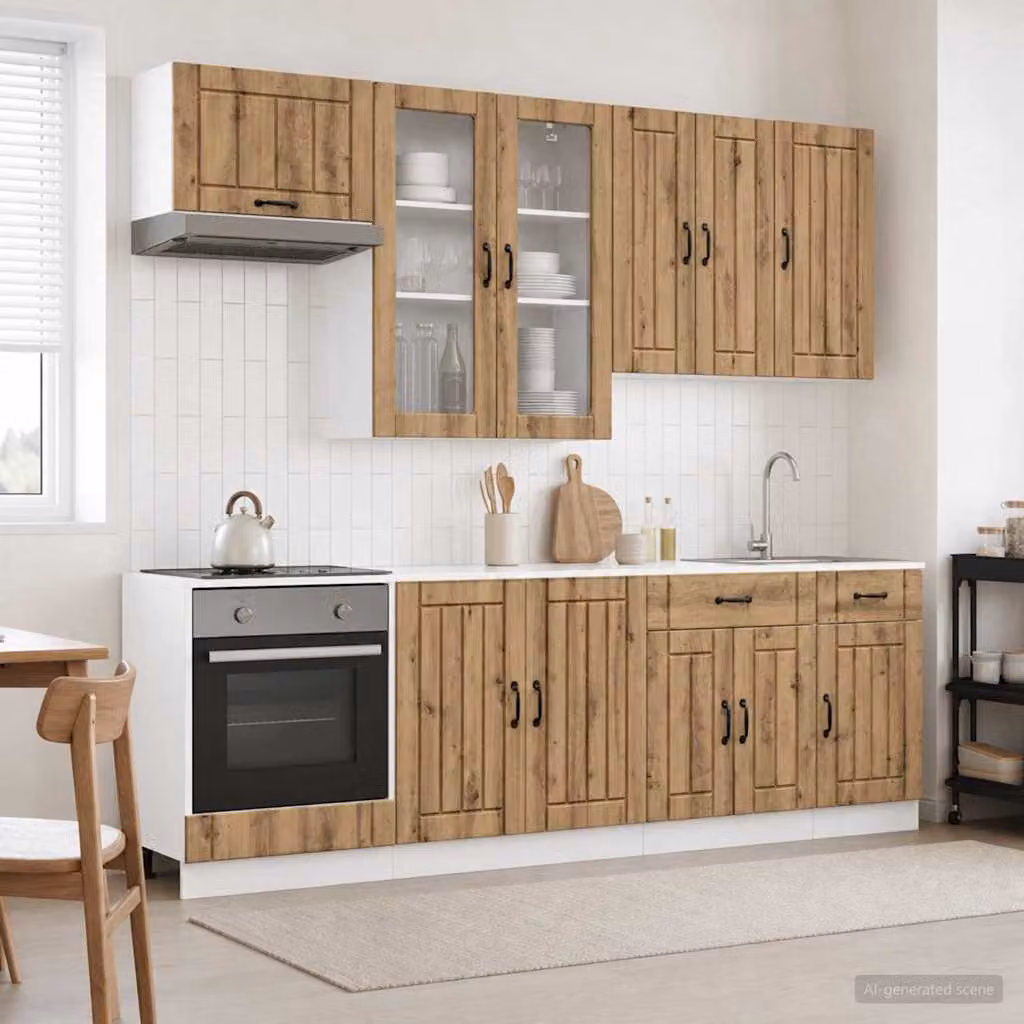 vidaXL Unità Cucina LUCCA 8 Pezzi Rovere Marrone in Legno MDF con Ante in Vetro e Ripiani Aperti