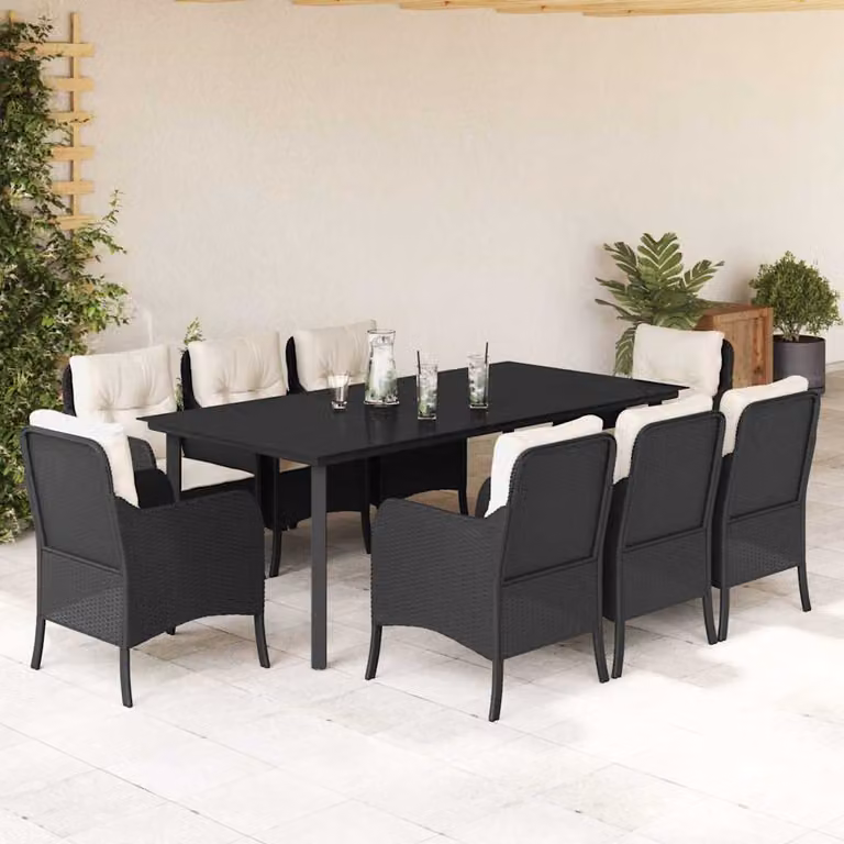 vidaXL Set da Pranzo da Giardino 9 pz in Polyrattan con Cuscini e Piano in Vetro Nero