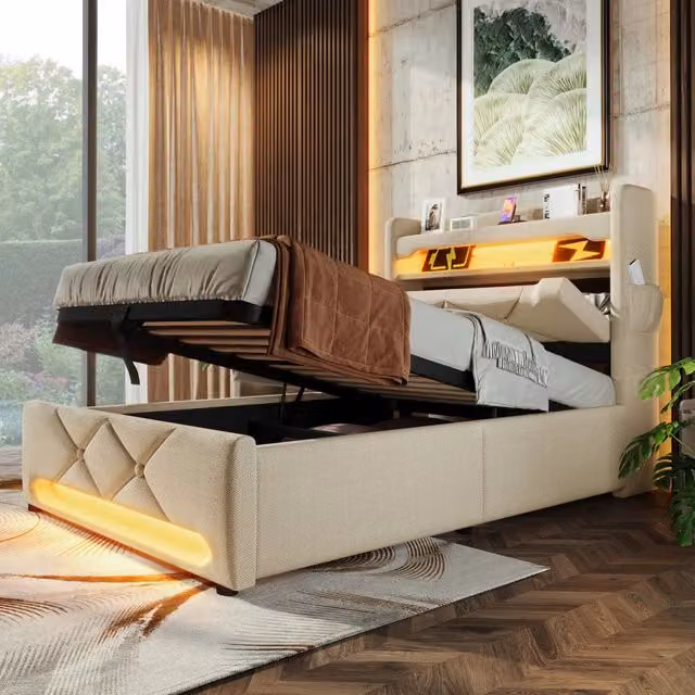 letto imbottito lino beige 90 x 200 cm