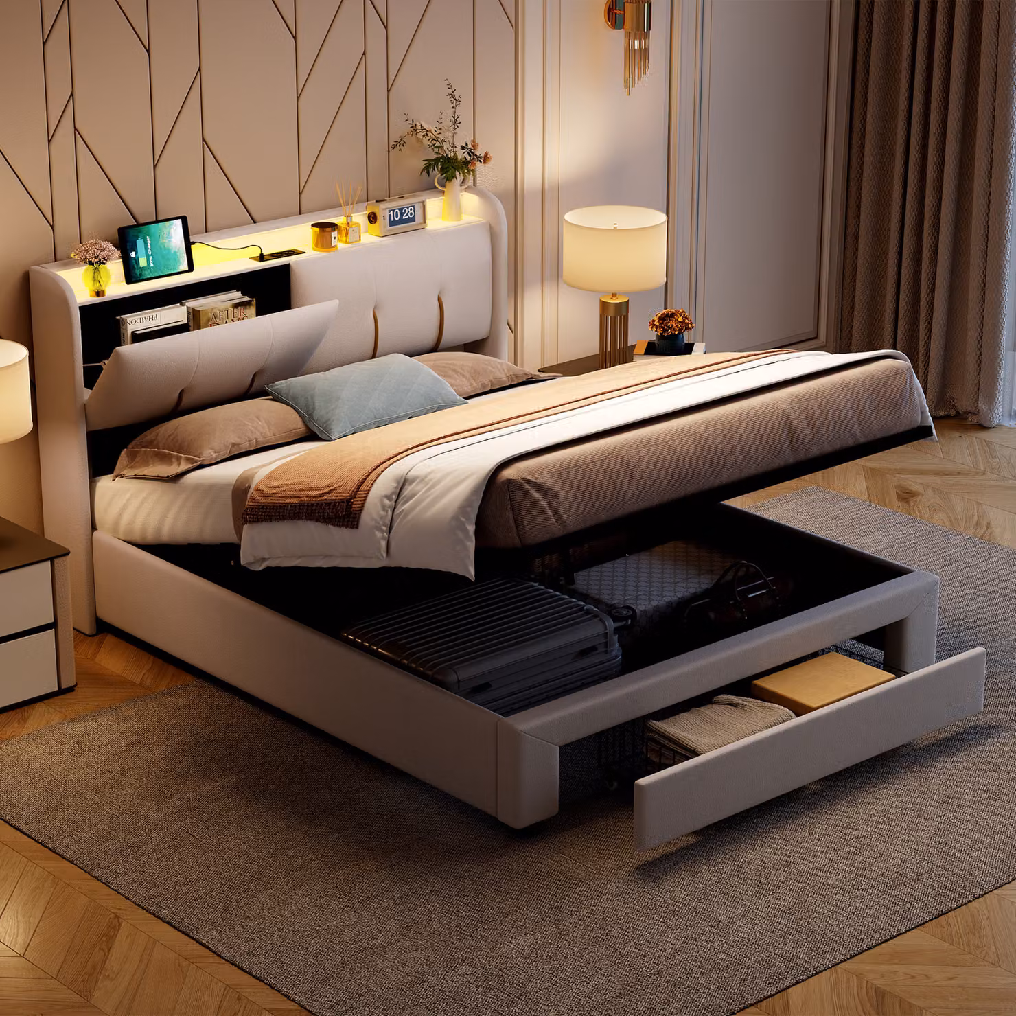 UnboxG Letto imbottito 140x200cm con funzione di ricarica (USB&Typ-c), cassetti, letto giovanile letto matrimoniale con rete a doghe e contenitore, letto contenitore con LED, velluto, beige