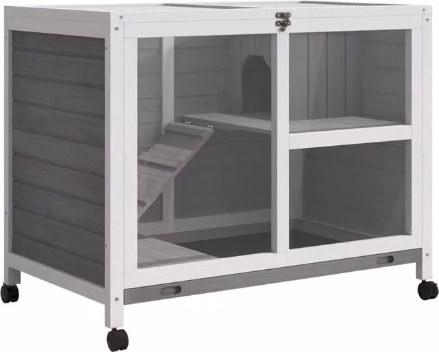 Gabbia per piccoli animali Minimal a 2 livelli in legno di abete verniciato grigio con 4 ruote – 1