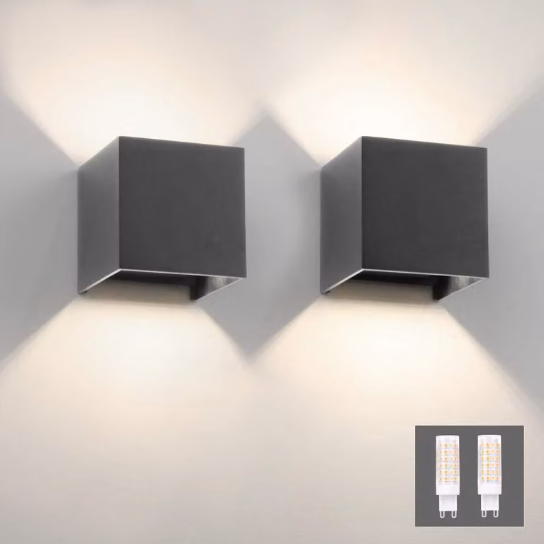 Lampada a LED da parete, set da 2, dimensioni 10x10x10 cm, colore bianco naturale, temperatura di colore 4000K, colore grigio scuro, grado di protezione IP54