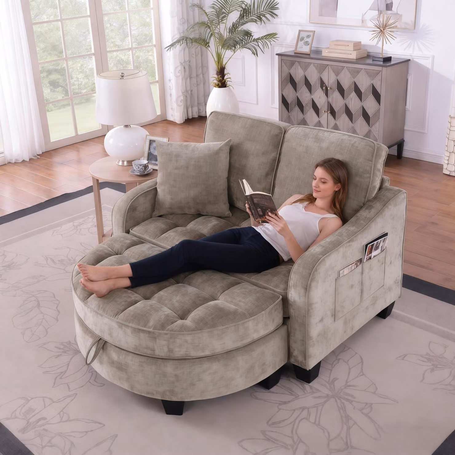 Divano lounge STILVORA, divano letto 2 in 1, con pouf contenitore, tessuto traspirante e delicato sulla pelle, ideale per salotti di piccole dimensioni e studi