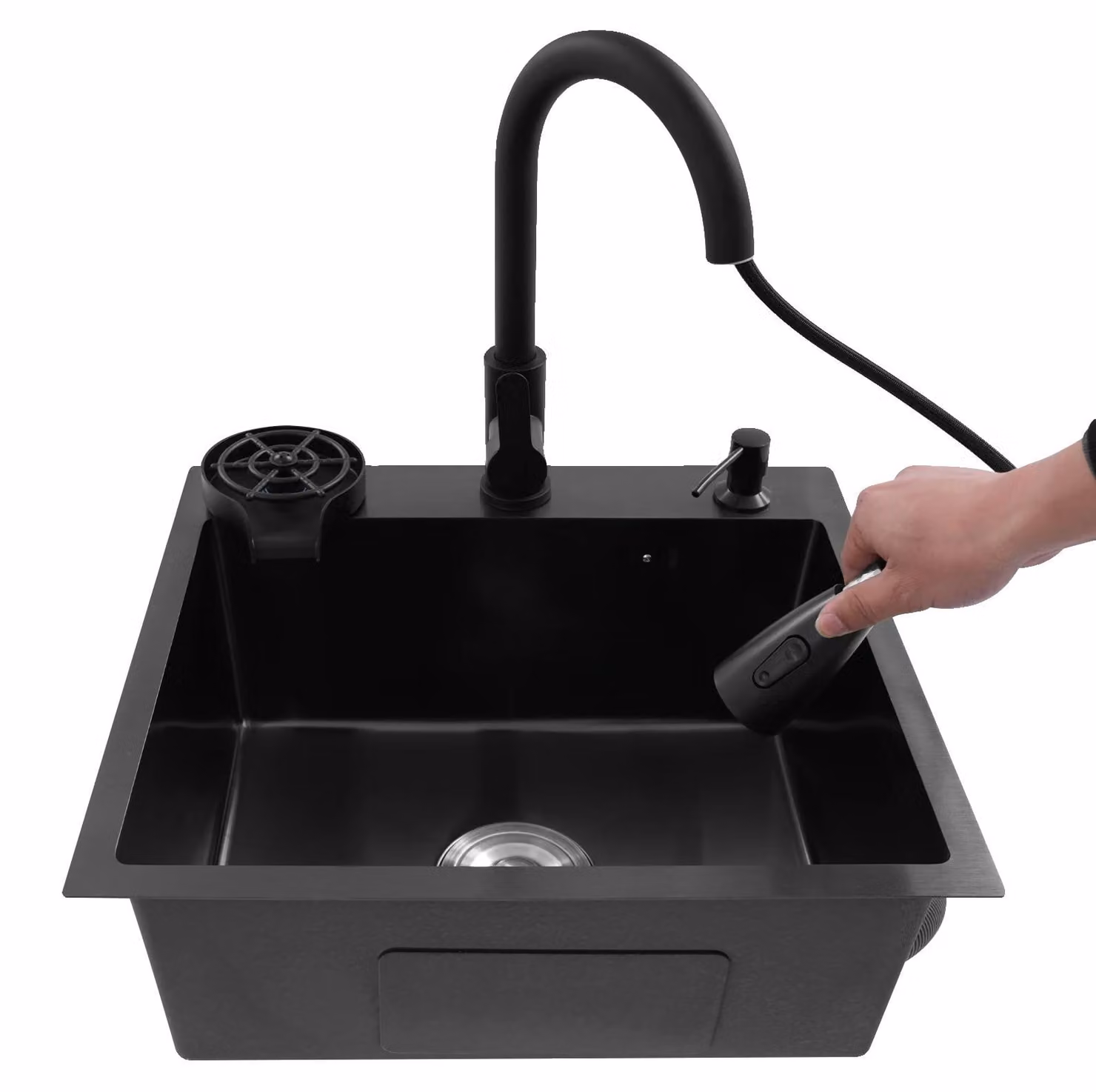 Lavello da cucina, rubinetto estraibile, accessori integrati, nero