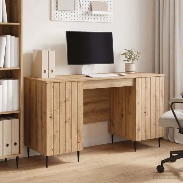 Scrivania moderna vidaXL in legno e metallo colore rovere, L: 142,5 cm, P: 60 cm, H: 75 cm – 1