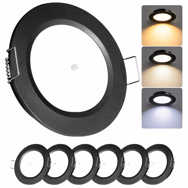 Set di 6 faretti LED da incasso, 12V, 3W, 3 temperature di colore, diametro 76mm, alluminio nero