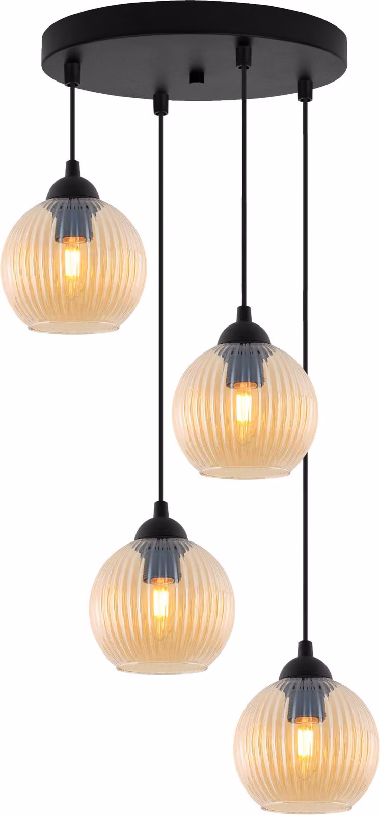 Lampada a sospensione RIFFLE nera a 4 luci con sfere in vetro color ambra, attacco E27