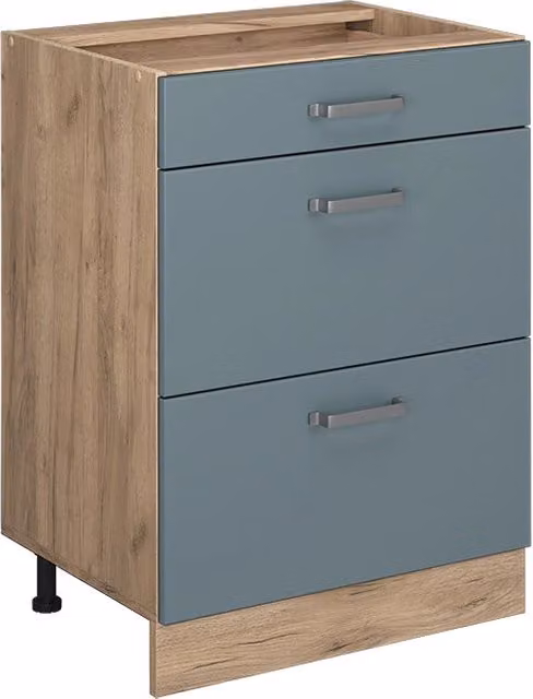 Mobiletto base per cucina Vicco R-Line Grigio-blu e Rovere dorato con cassetti, senza piano di lavoro, L: 60 cm