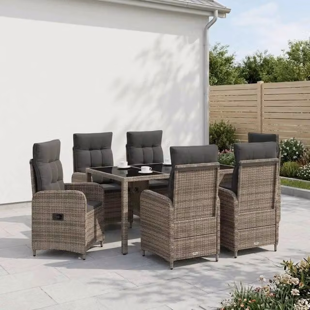 Set da pranzo per esterni vidaXL in polyrattan e vetro grigio con tavolo rettangolare e 7 sedute